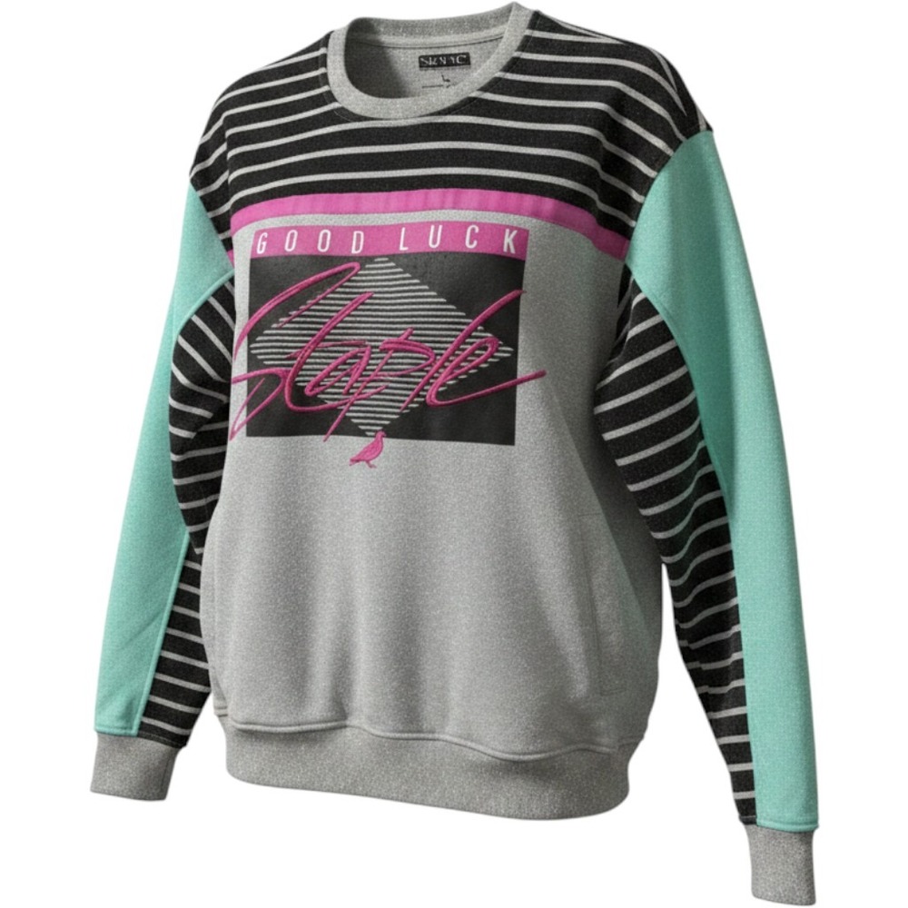 Staple Pigeon Mens Good Luck Sweatshirt Large Retro Colorblock Striped Gray Teal